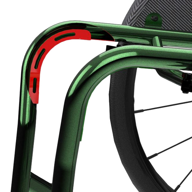 Close-up of a green wheelchair frame with a red accent on a white background